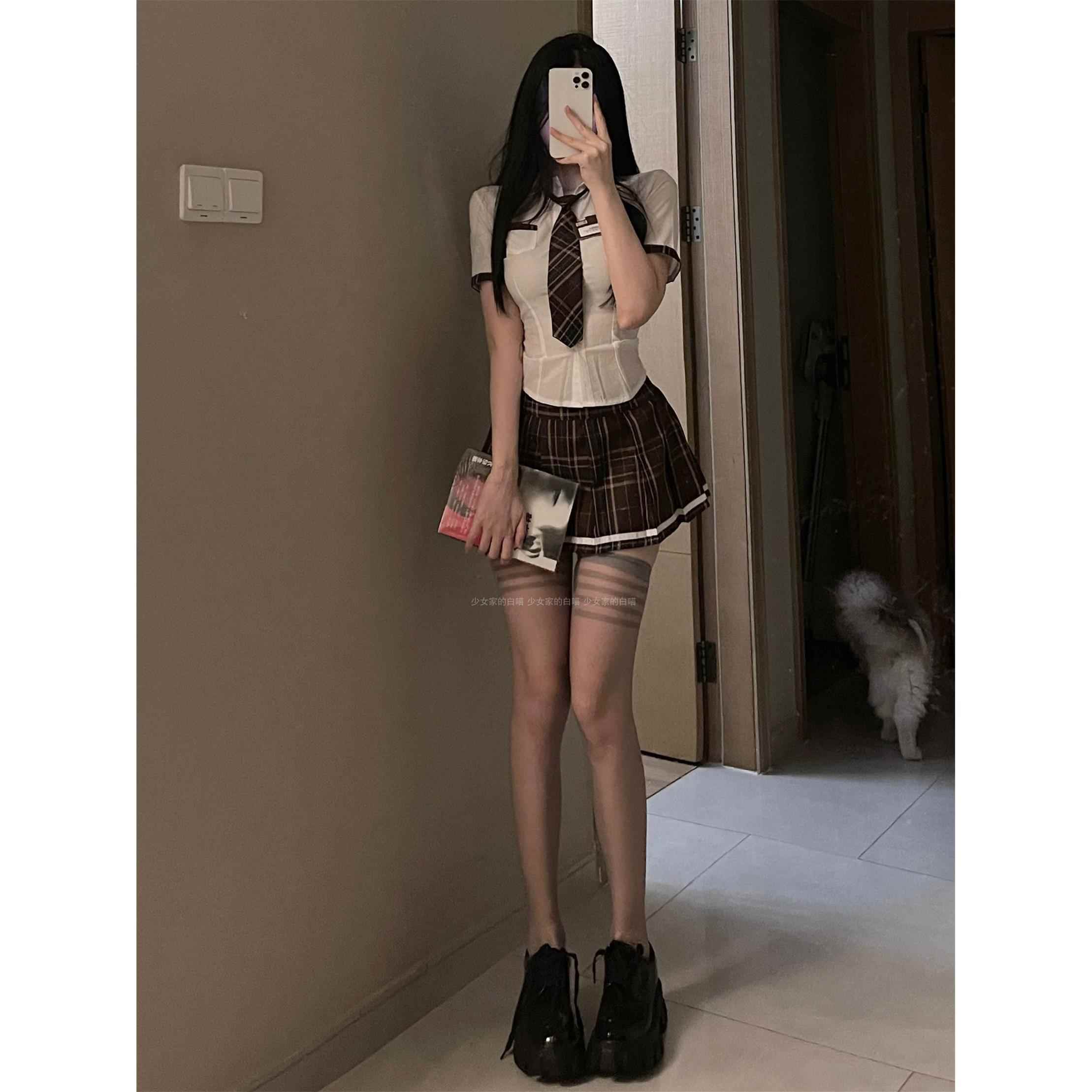英伦日系短袖领带衬衫格子裙高腰超短裙纯欲套装JK学生团体制服女