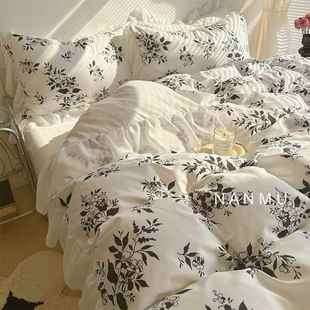 街角花摊｜浪漫唯美大花边纯棉四件套干净黑白花中古风1.8m床笠款