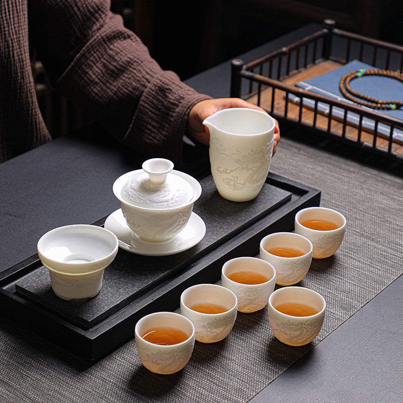 功夫小茶杯子办公室陶瓷茶杯10头组羊脂玉白瓷品茗杯6只送礼LOGO