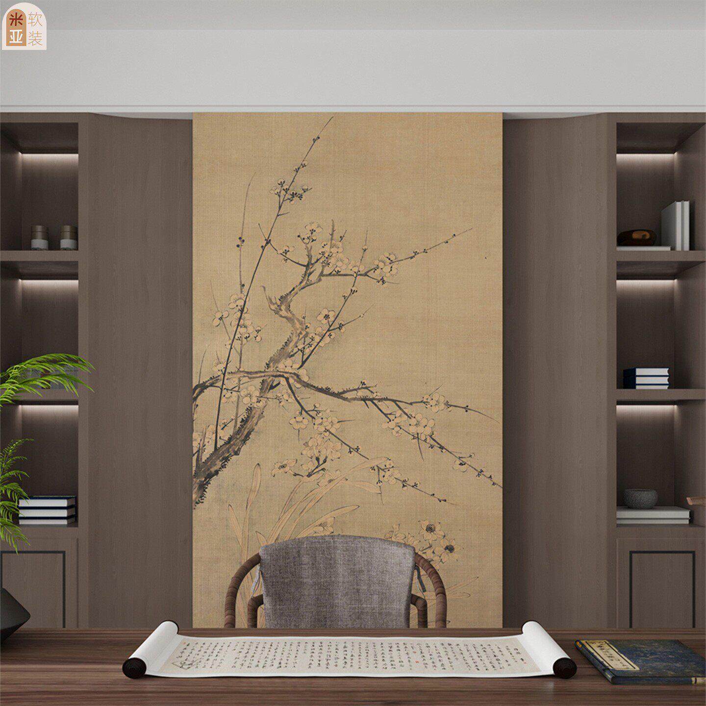 梅花水仙图宋氏美学玄关装饰画中式复古贴画背景墙面客厅贴纸定制