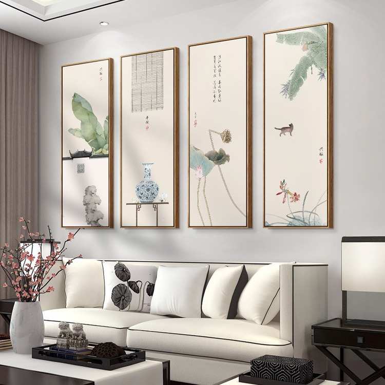 新中式客厅装饰画沙发背景墙壁画办公室茶室竖版禅意书房四联挂画