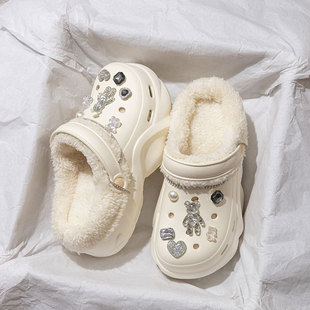 加绒厚底棉拖鞋女秋冬新款外穿增高保暖可拆卸卡通鞋冬天