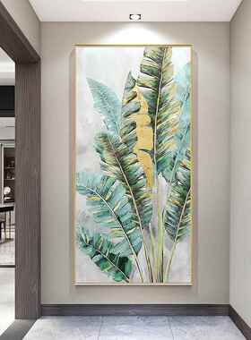 网红家大业大肌手绘画油现代枝绿色芭蕉叶装挂饰画客金厅画玄关理