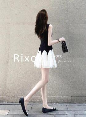 Rixo Dore法式高级感小众独特裙子夏季新款千金风黑色拼接连衣裙