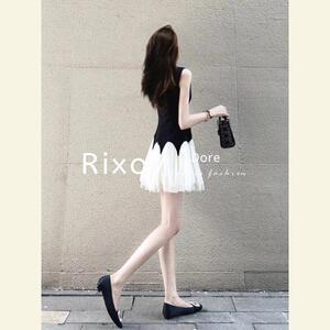 Rixo Dore法式高级感小众独特裙子夏季新款千金风黑色拼接连衣裙