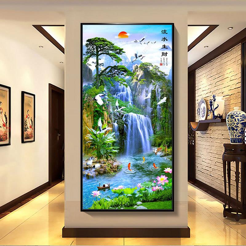 现代入户玄关装饰画竖版走廊尽头挂画新中式山水招财流水生财壁画