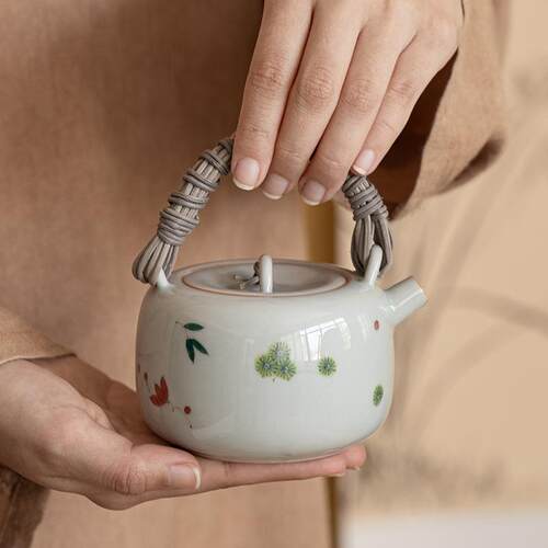 仿古青釉下手绘三友小号藤编提梁壶陶瓷功夫泡茶壶青瓷泡茶器
