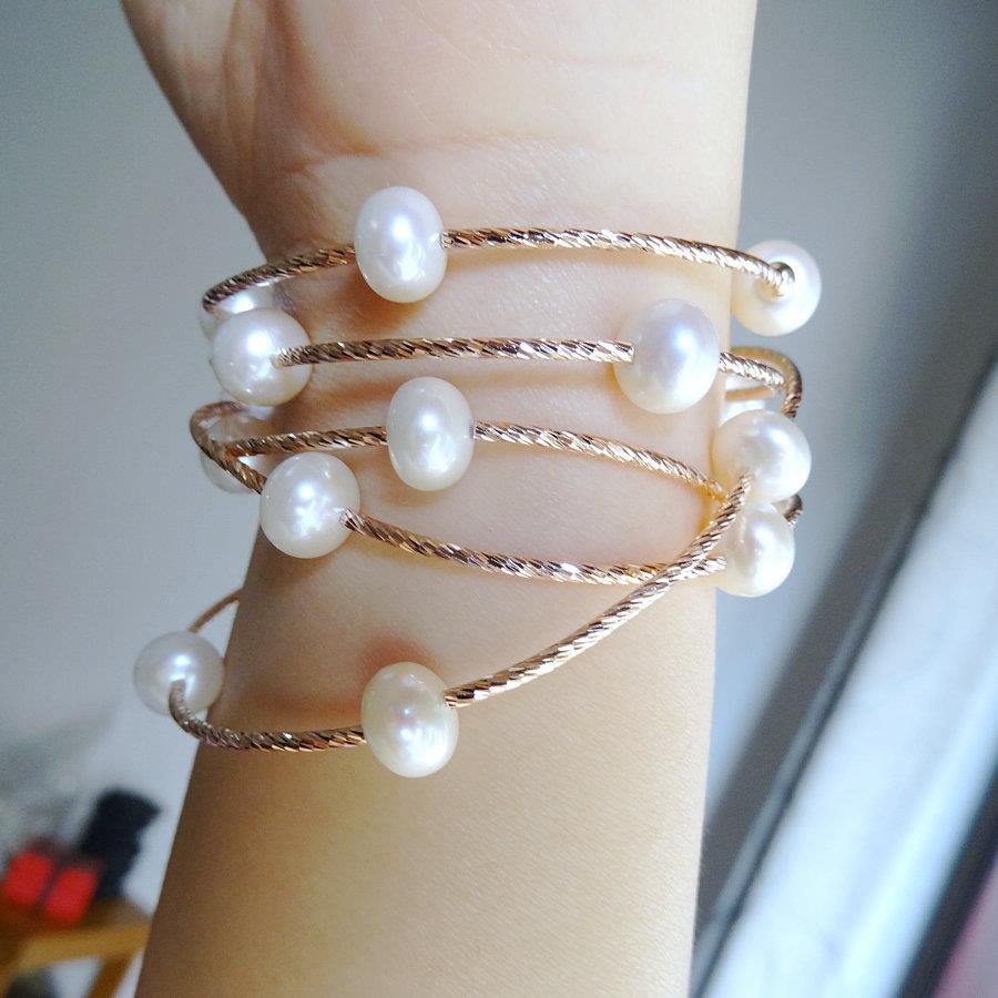 高档韩水版首饰品纯天然淡珍珠女手链手串S925银手镯多层圈情节人