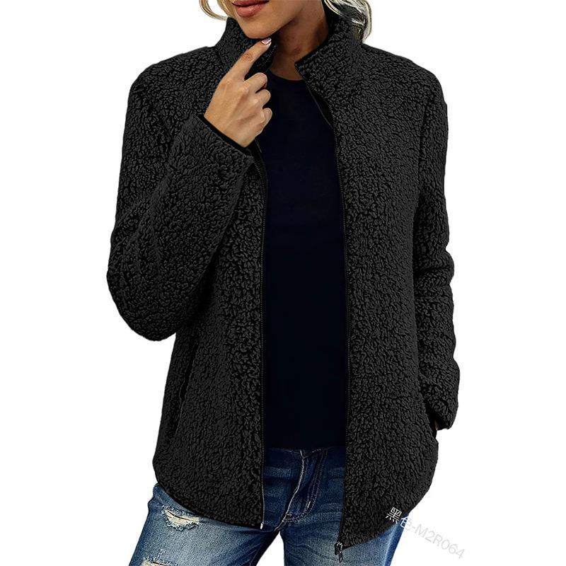Stand fleece collar jacket womens solid fashion top zipper