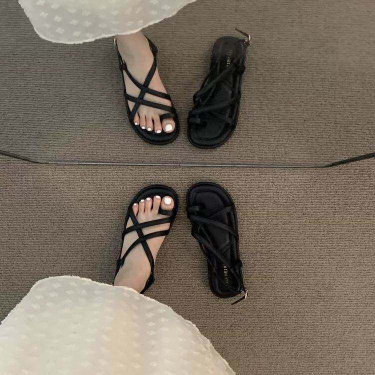 版型绝瞭~ITSK凉鞋女夏季平底复古细带配裙子法式小众绑带罗马鞋