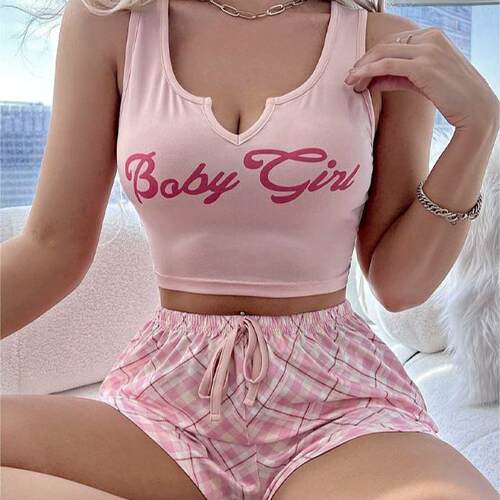 Letter printed camisole top and shorts set