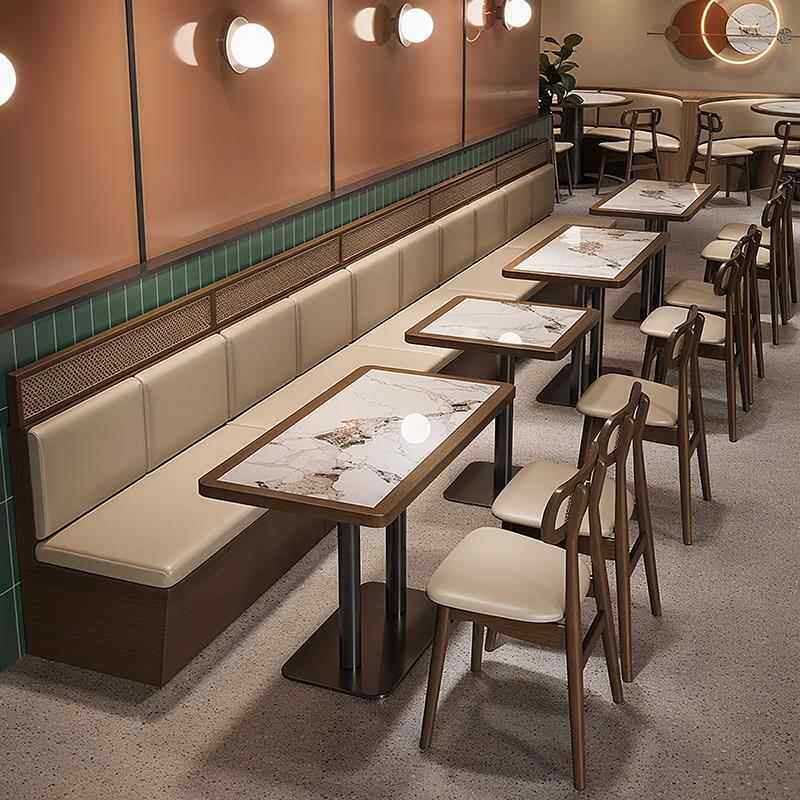 新中式风湘菜馆靠墙卡座沙发茶楼餐厅火锅烧烤料理店岩板桌椅组合