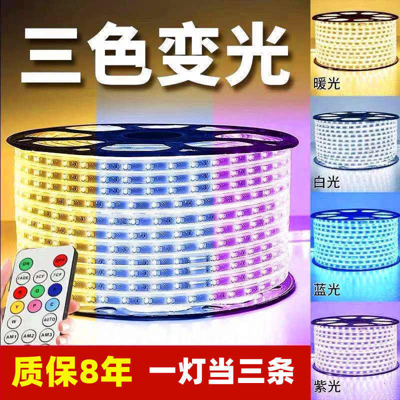 灯带led灯条三色变光家用变色客厅吊顶220V户外防水rgb长条软七彩