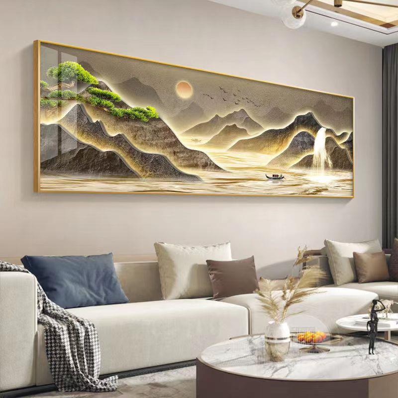 流水生财客厅装饰画山水画新中式沙发背景墙挂画旭日东升山水壁画