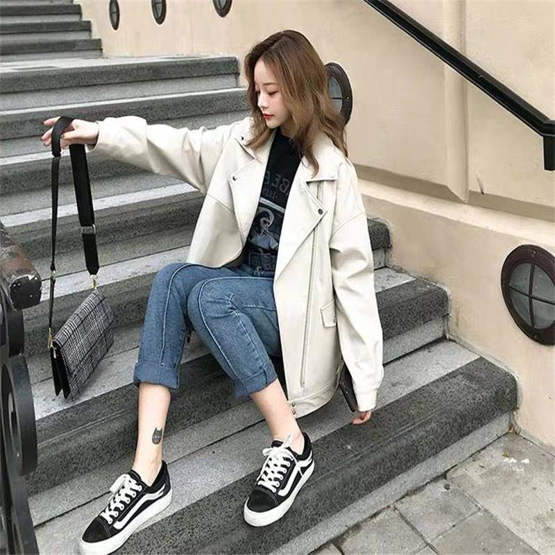 新品韩版宽松pu皮外套女皮夹克米白色春秋机车服BF男友风百搭学生