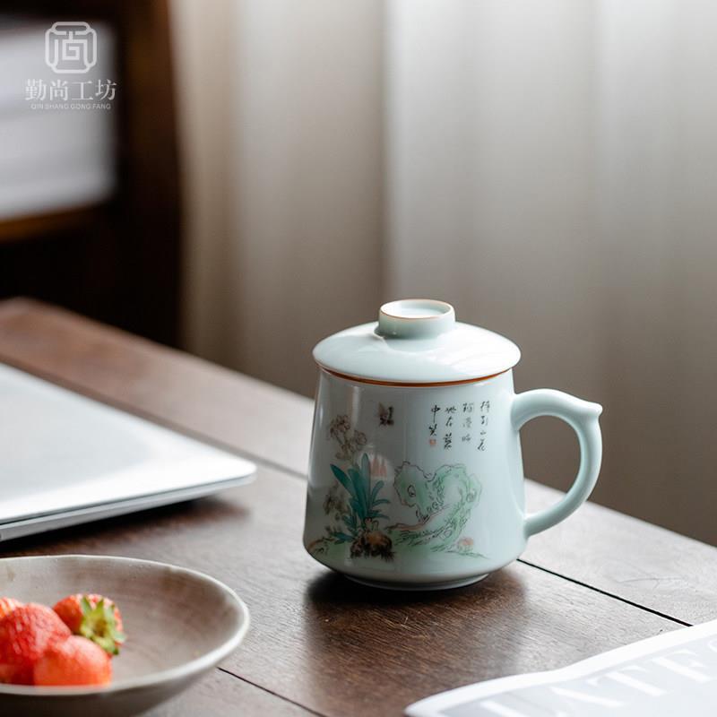 景德镇陶瓷茶杯个人杯带盖过滤办公杯家用青瓷水杯泡茶杯定制刻字