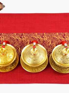 宏达 黄铜创意茶具三件套 龙凤呈祥铜茶碗百福龙凤盖碗摆件