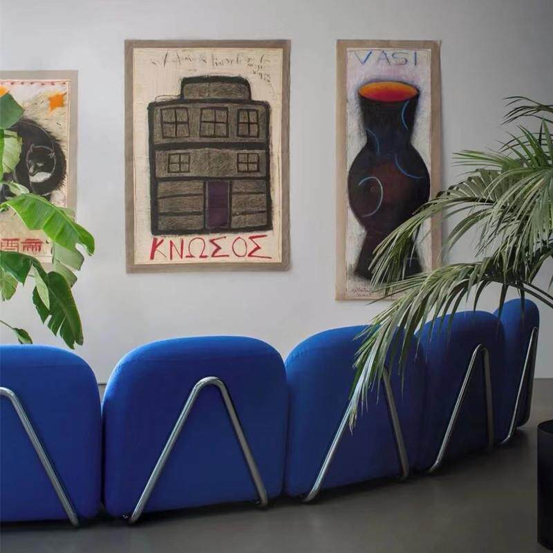 意式轻奢布艺沙发设计师TACCHIINI克莱因蓝棉麻沙发异形弧形沙发