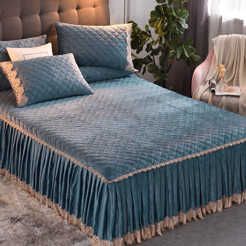 2020新款床罩床裙式单件水晶绒蕾丝珊瑚夹棉加厚床套防滑高端床群