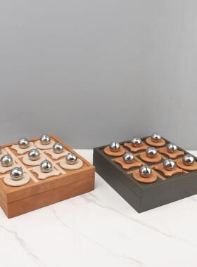 北欧创意金属皮革棋盘装饰收纳盒摆件客厅卧室书房软装家居装饰品