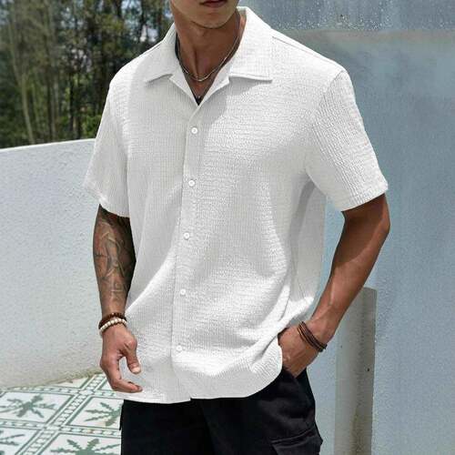 Men's Textured Button Front Shirt, Casual Regular Fit Short