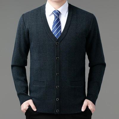 秋257-B+冬季羊绒衫子中老年男士爸爸开衫毛衣装外套毛厚款格羊衫