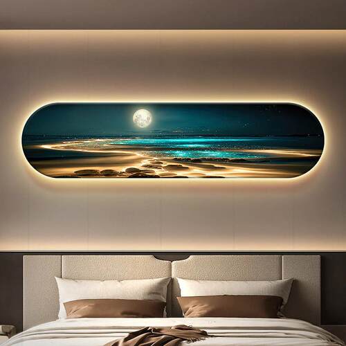 海浪景卧室背景墙装饰画 画北欧主人房间带灯挂画 画月球床头椭圆