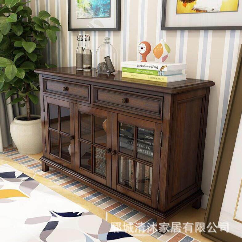 北美实木餐边柜厨房碗盘餐具收纳柜复古木质储物柜家具书籍矮柜