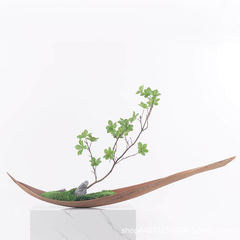 新中式创意仿真植物套装可可叶花艺摆设样板房现代软装售楼部摆件