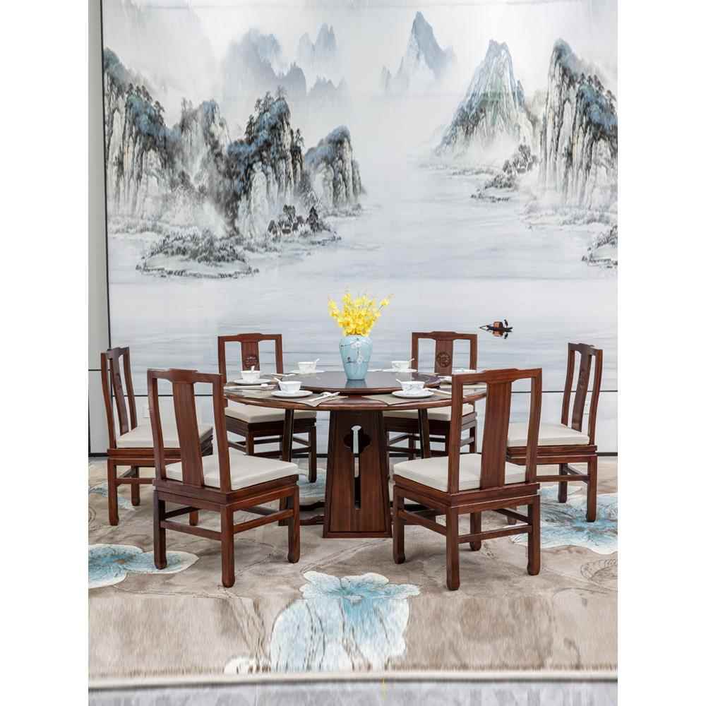 现代新中式餐桌椅组合全实木小乌金木一桌六椅圆餐台转盘家用饭桌