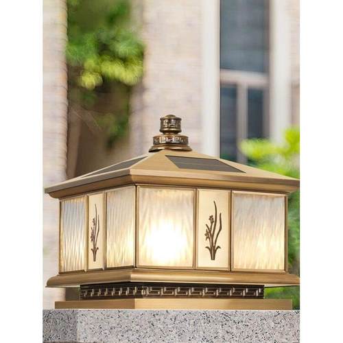 全铜太阳能防水柱头灯户外欧式别墅庭院灯室外大门围墙柱灯接电款