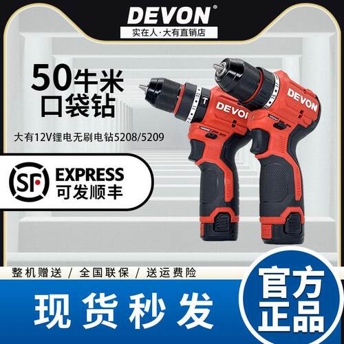 DEVON大有12V无刷锂电钻5208双电快充 手持式无极变速电钻50牛米