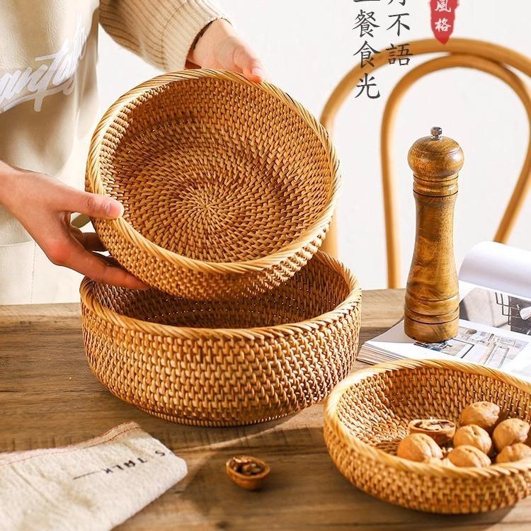 藤编复古手工藤编托盘编织水果盘面包篮子家用早餐篮野餐篮点心篮