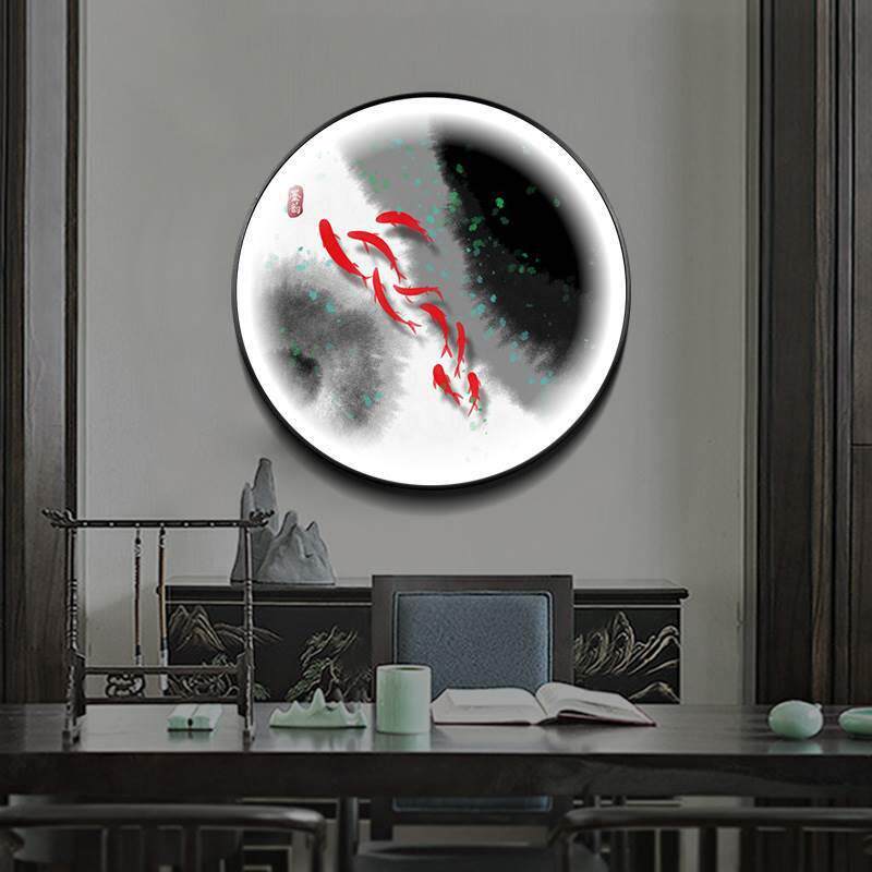 新中式圆形LED灯画漓江山水挂画玄关装饰画餐厅带灯壁画 九鱼聚财