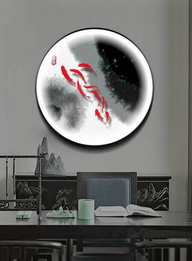 新中式圆形LED灯画漓江山水挂画玄关装饰画餐厅带灯壁画 九鱼聚财