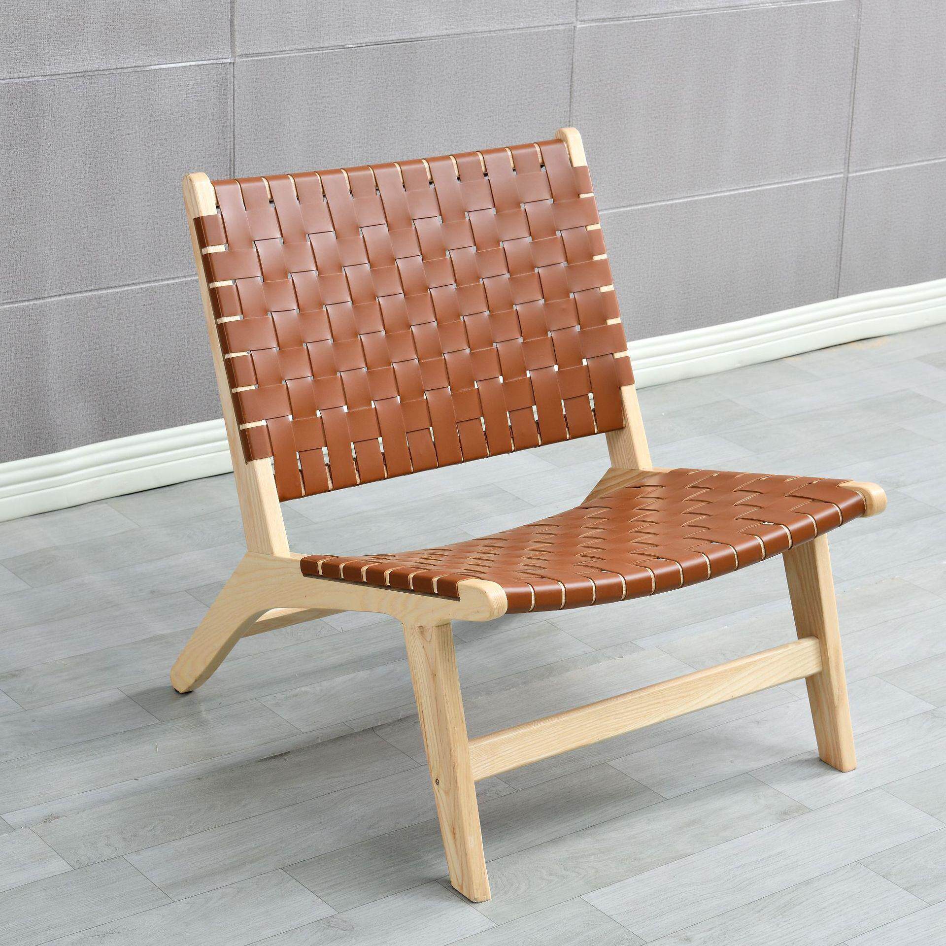 日式实木休闲躺椅阳台客厅皮编懒人沙发椅中古民宿单人马鞍沙滩椅