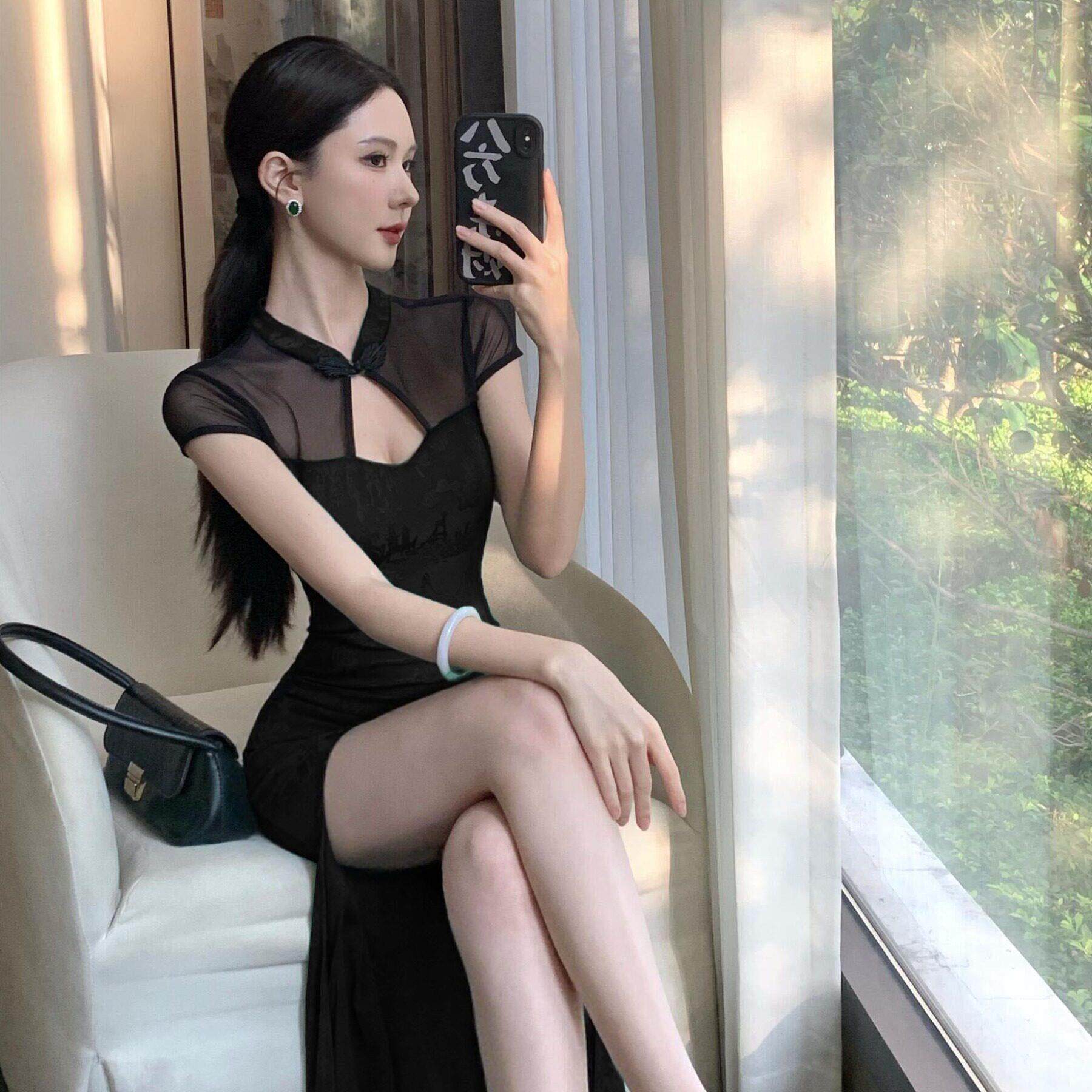 夏季新中式黑色年轻款改良旗袍长裙性感开叉连衣裙直播女主播衣服