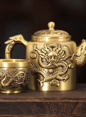纯黄铜小茶壶龙凤茶具白府黄铜小壶拉丝铜壶山水壶拜神茶壶摆件
