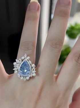 新款超奢华感十人造海蓝水蓝色人工石水滴子蛋气鸽质足百搭戒指