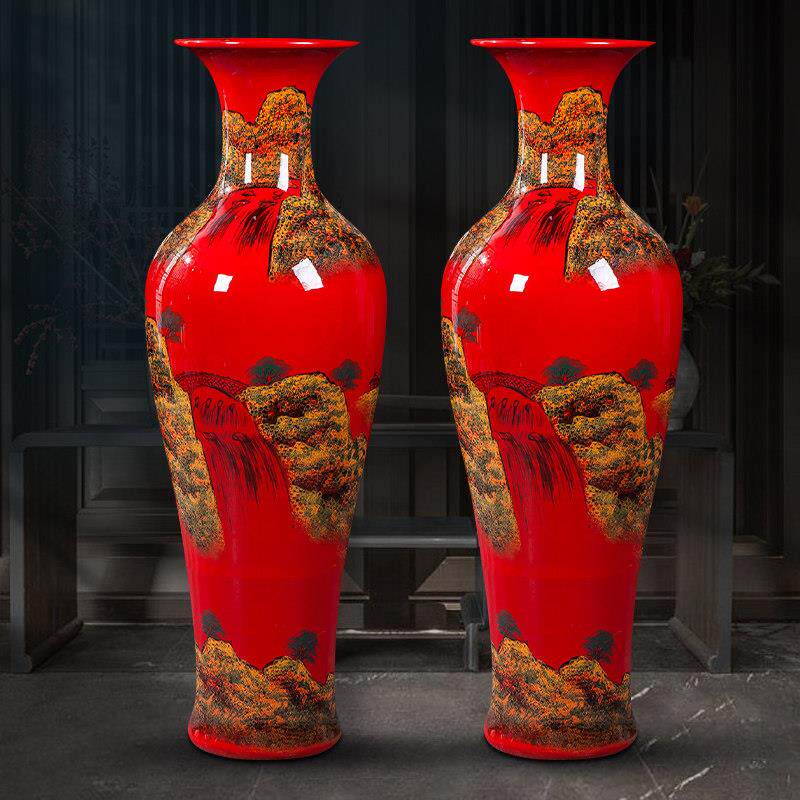景德镇陶瓷中国红色落地大花瓶手绘山水画葫芦瓷瓶客厅装饰品摆件