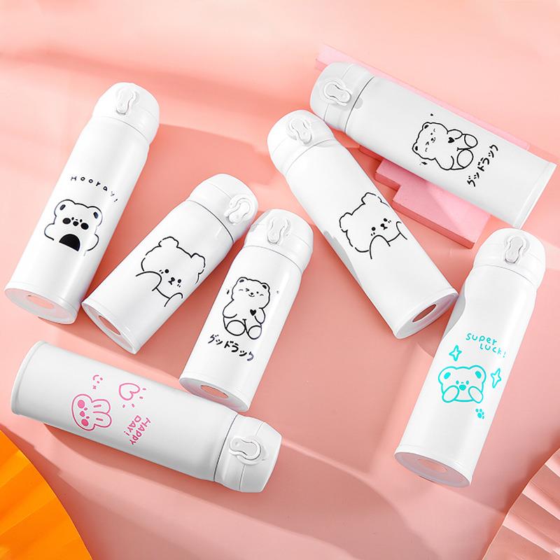 卡通可爱开心小熊情侣保温杯创意弹盖简约水杯ins风韩版学生杯子