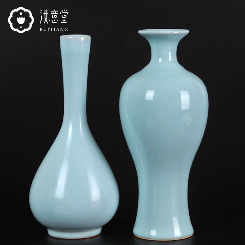 仿古汝窑汝瓷花瓶陶瓷插花小口径瓷瓶中式简约青瓷客厅电视柜摆件