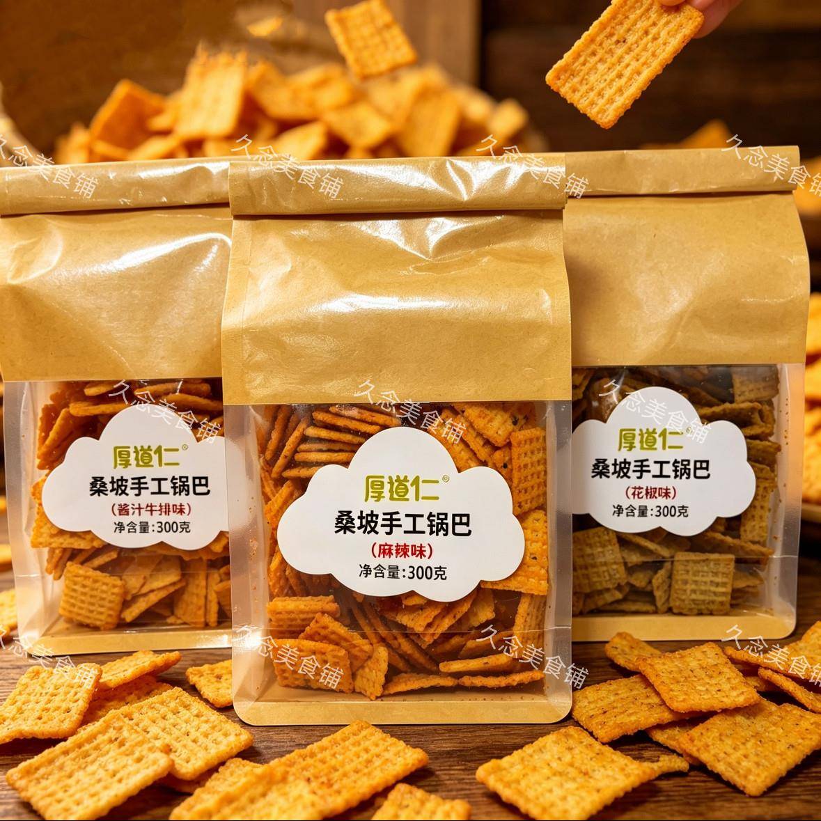 新货厚道仁桑坡手工锅巴300g正宗花椒味麻辣味酱汁牛排锅巴网红零