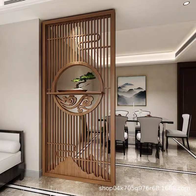 客厅入户对门玄关遮挡座屏新中式屏风隔断实木格栅镂空花格纱画客