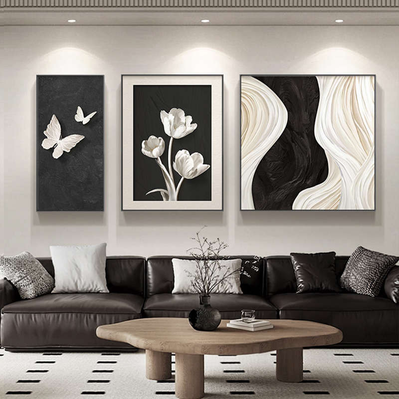 现代简约客厅装饰画黑白蝴蝶三联沙发背景墙挂画抽象线条立体壁画图片
