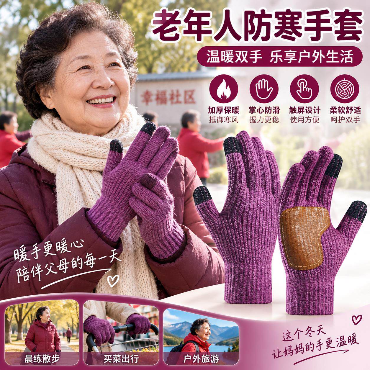冬季老年人保暖手套加厚针织防寒女妈妈奶奶爷爷骑车专用徒步登山