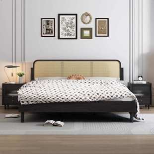 白蜡木藤编实木床1.8米双人床简约卧室小户型黑色实木床