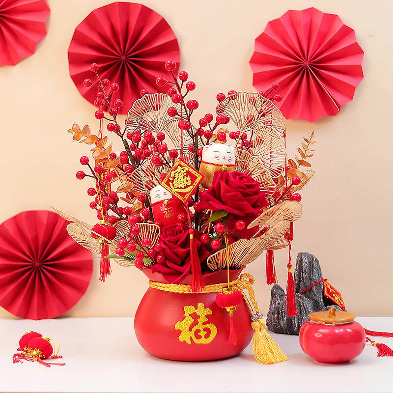 红果发财果仿真花冬青假花年干花福桶插花摆件客厅花艺新年花装饰