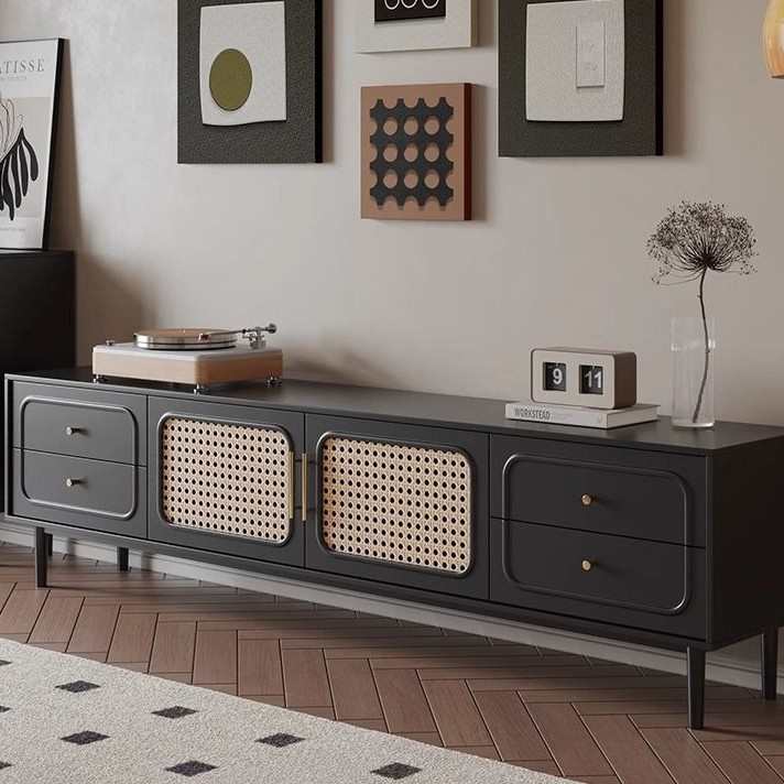 侘寂风新款黑色电视柜组电视柜茶几组合家用法式简约复古藤编