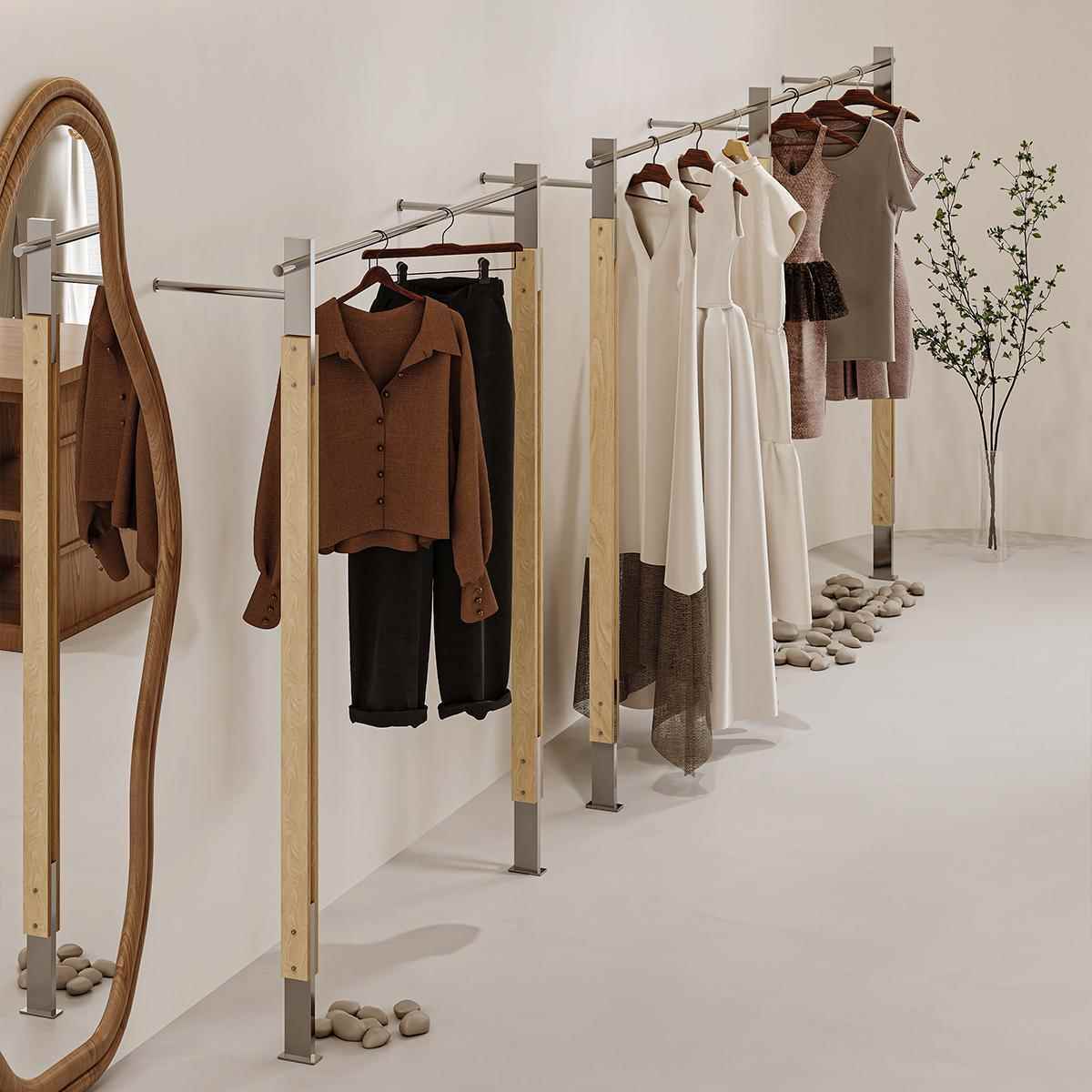 装装店上墙展示架NYJ木女男专用落地原色货架陈列道具不锈钢挂衣